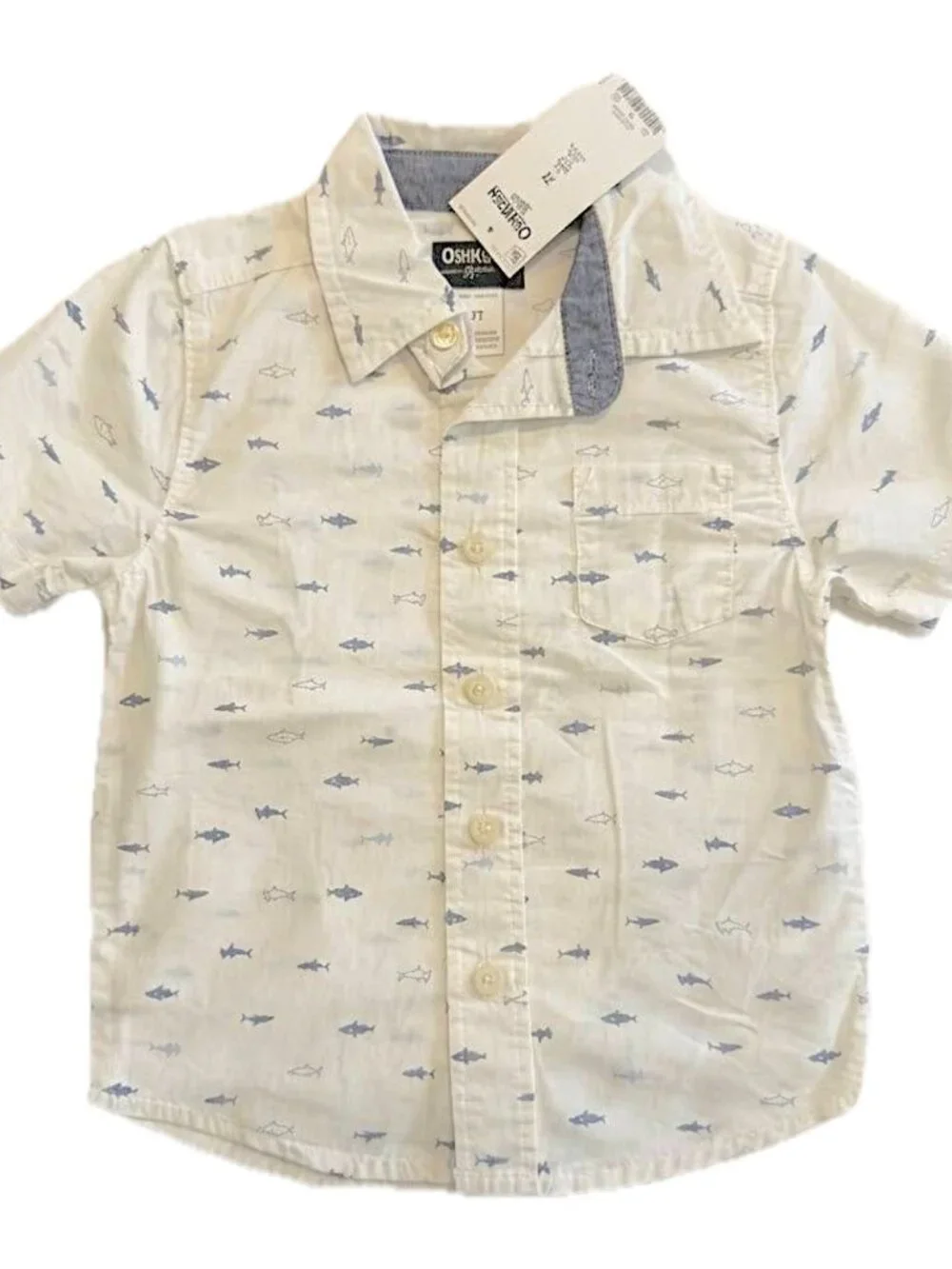 OshKosh B gosh Boys 2T Shark Print Button Down Shirt Short Sleeve White NWT
